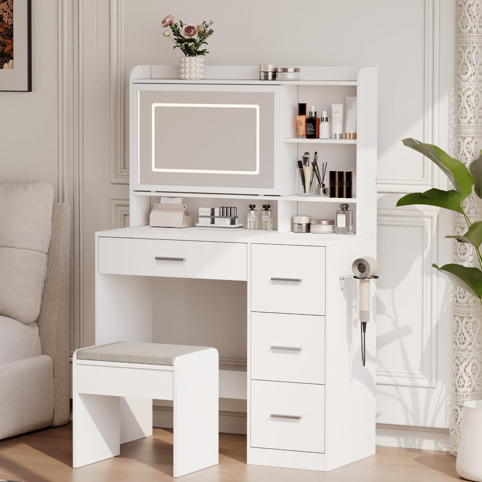 Photo 1 of Viaozutis Vanity Desk with a Mirror and Lights?with Chair and Four Drawers, Three Adjustable Lighting Modes?with Power Outlet and Sliding LED Mirror,Bedroom Vanity Desk (White)