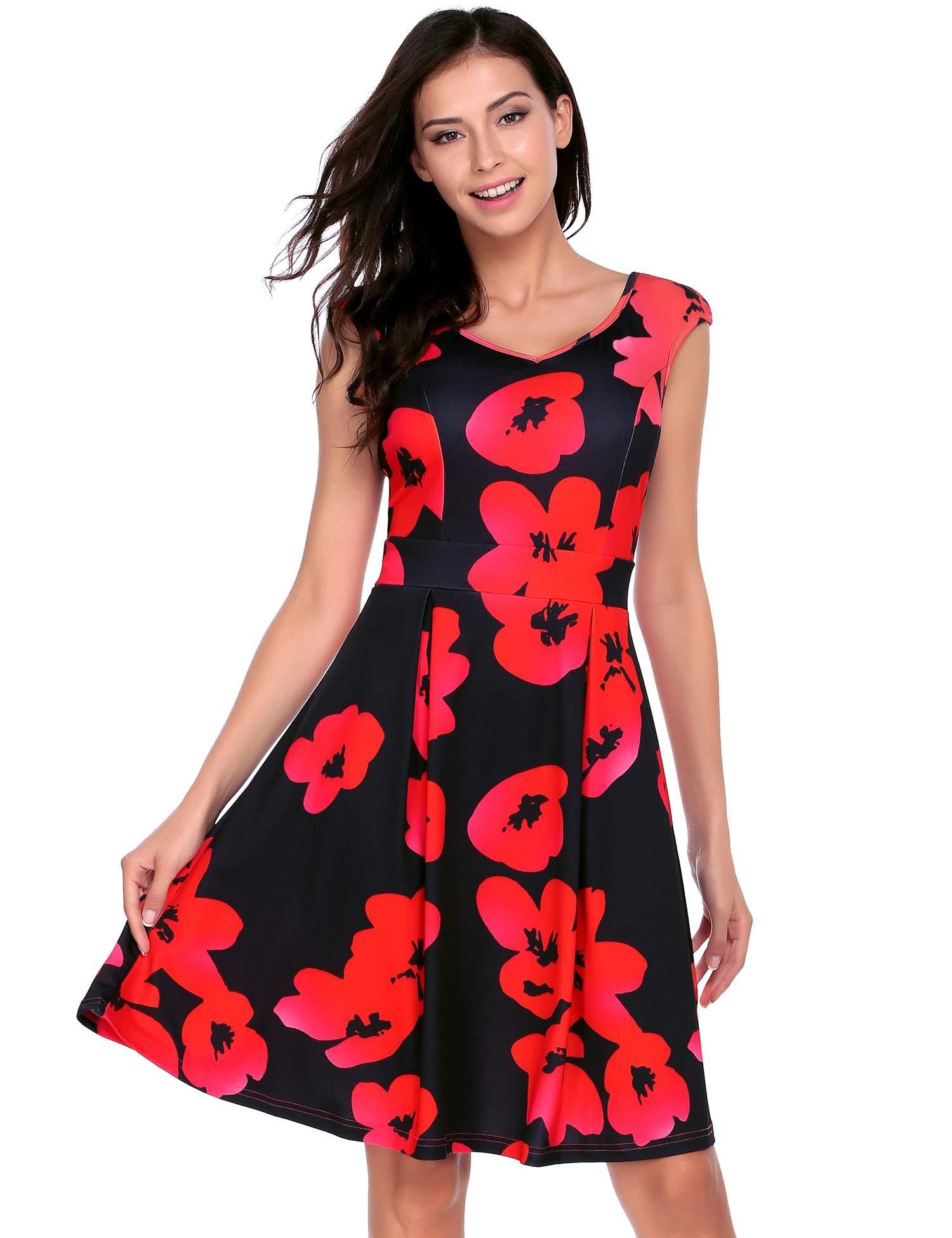 Zeagoo Women\'s Casual Vintage Cap Sleeve Flower Printed V Neck Swing Dress Black L