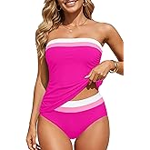 Daci Bandeau Tankini Swimsuits for Women - Two Piece Ruched Tummy Control Bathing Suit Strapless Swimwear with Bottom