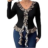 Floerns Women's Plus Size Leopard Print V Neck T Shirts Ruffle Trim Long Sleeve Tight Shirt Casual Fall Outfits