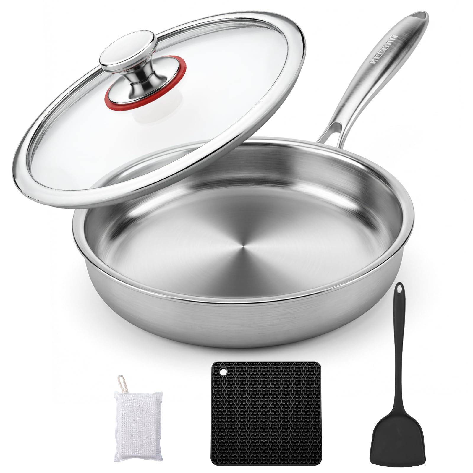 Photo 1 of **MISSING ACCESSORIES** KEGDAN 12 inch Stainless Steel Frying Pan, 5pcs Tri-Ply Stainless Steel Pan with Lid, PFOA Free Skillet, Oven & Dishwasher Safe, Induction Cooking Pans, Fast & Even Heat and Detachable Handle