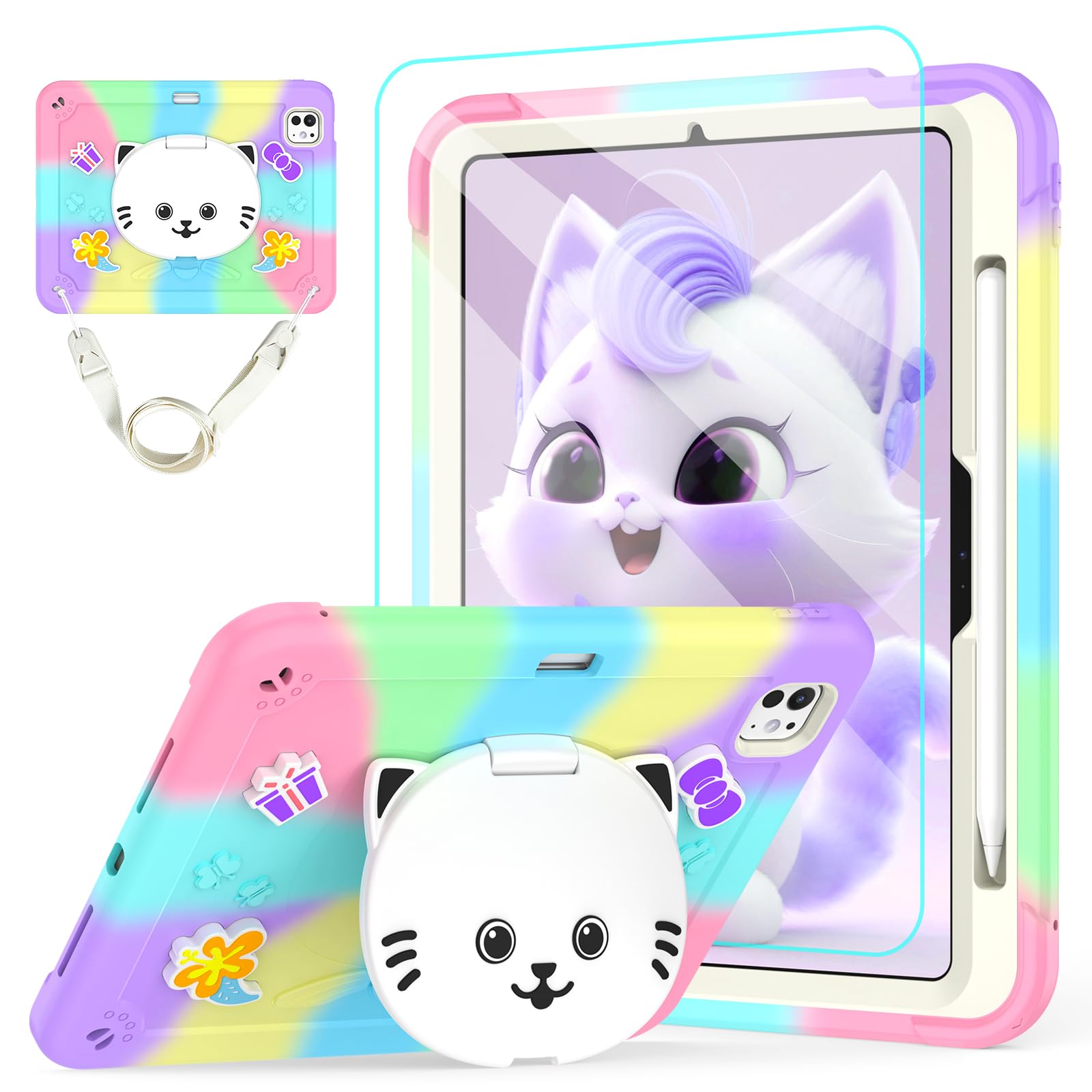 Photo 1 of TOMORRY for iPad Pro 11 Inch Case 2024 (M4,5th Gen) with Tempered Glass Screen Protector,Cute Cat Stand,Pencil Holder Shoulder Strap,Shockproof Protective for iPad 5th Generation Case Kids (Colourful)