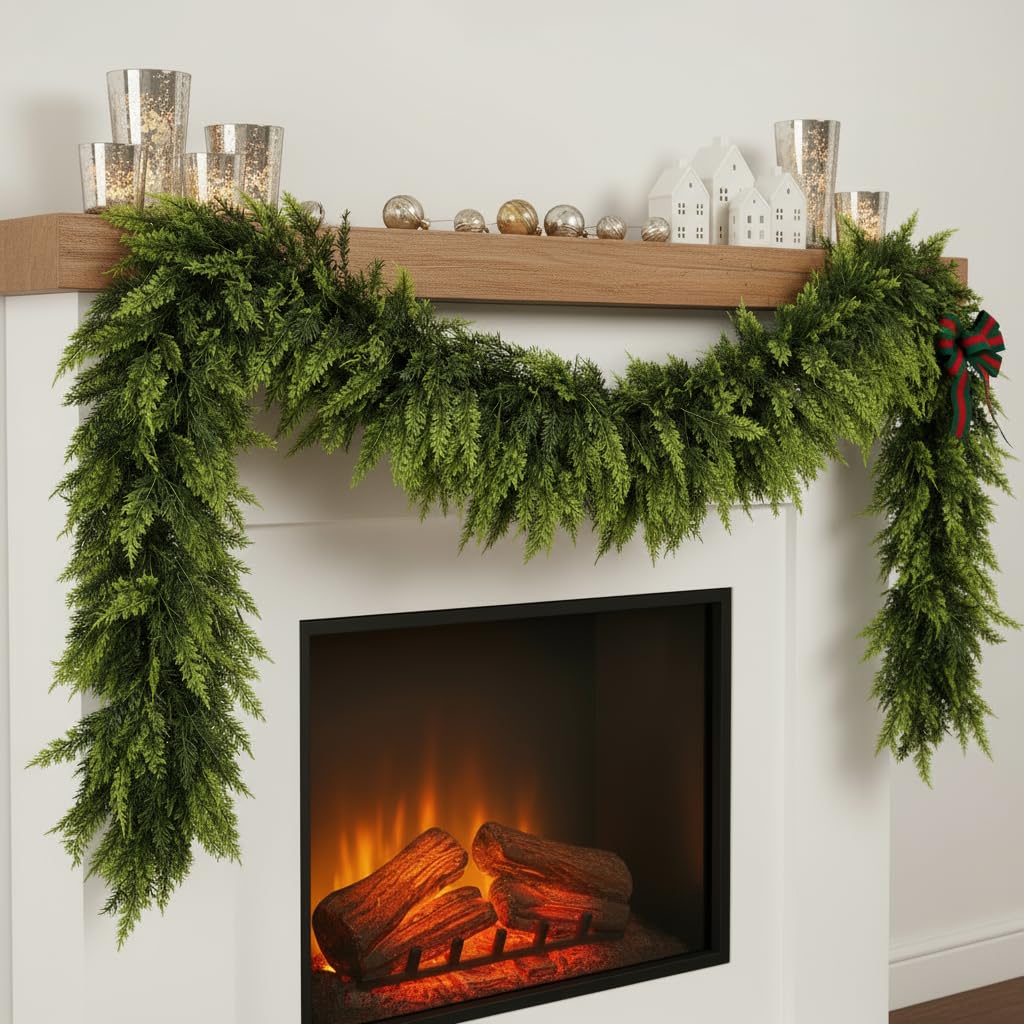 Photo 1 of 6 FT Christmas Cedar Garland, Real Touch Soft & Thickness Greenery Pine Garland for Mantle Table Fireplace Outdoor Indoor Christmas Decorcorations