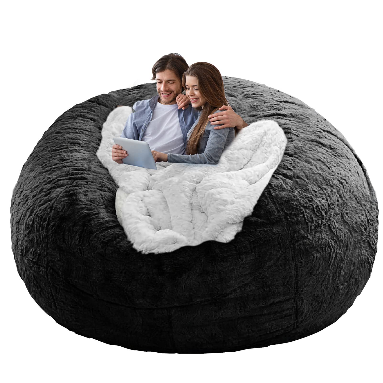 YudouTech Bean Bag Chair Cover Without Filler,Big Round Soft Fluffy PV Velvet Washable Bean Bag Lazy Sofa Bed Cover for Adults,Living Room Bedroom Furniture Outside,5ft black