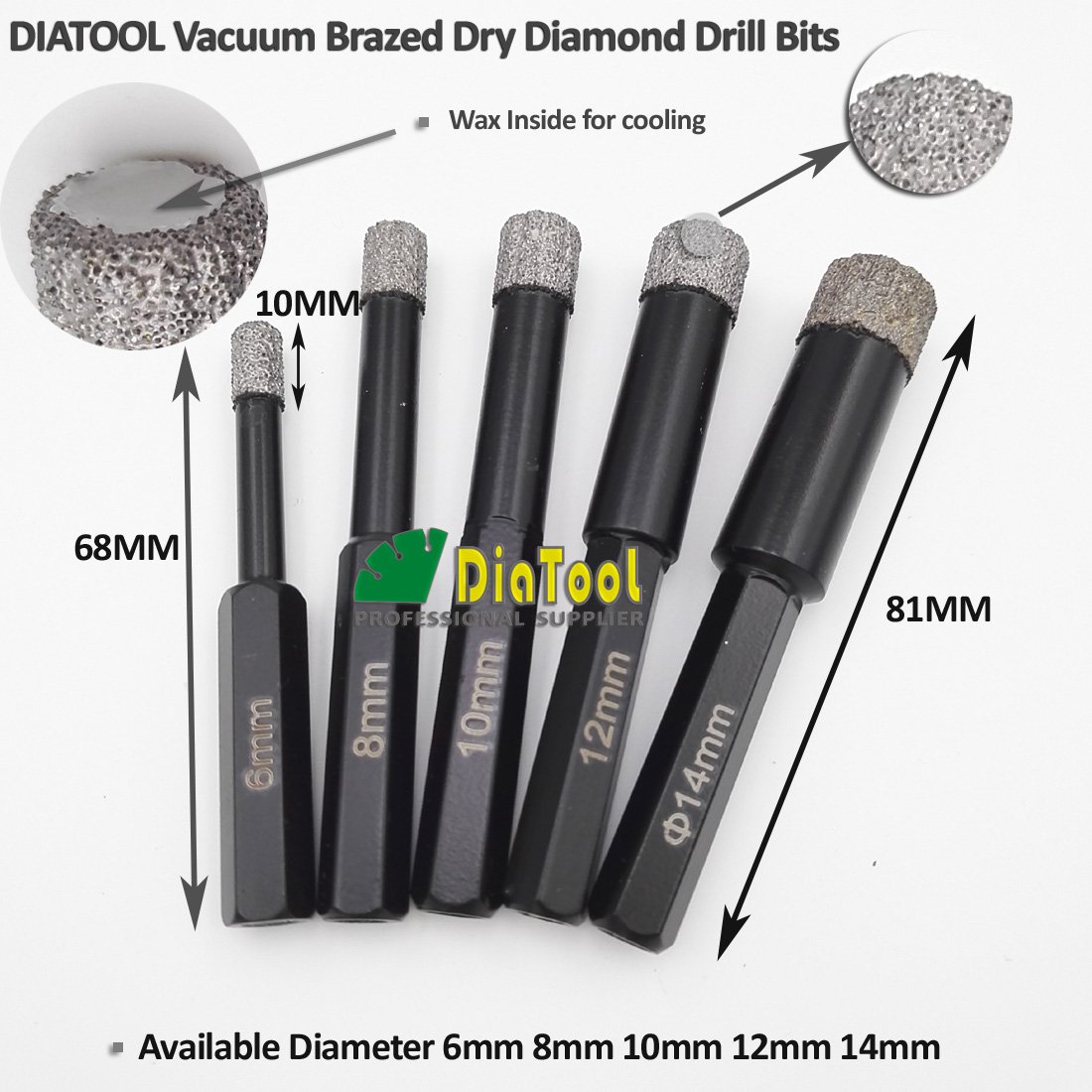 Diameter 6mm 6mm 8mm 10mm 12MM SHDIATOOL Dry Diamond Drill bits Kit Hex Shank for Porcelain Tile