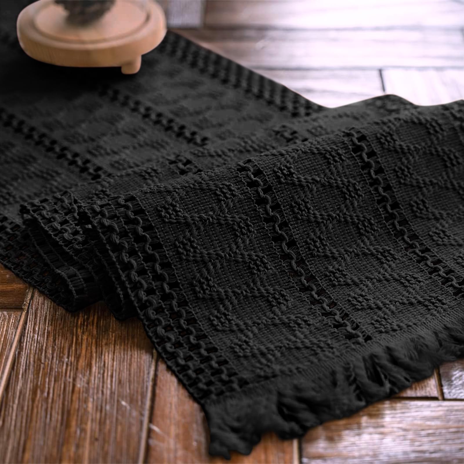 Photo 1 of Alynsehom Macrame Table Runner Pure Black Boho Table Runners with Tassels Hand Woven Cotton Table Runner Rustic Farmhouse Table Runners for Bohemian Kitchen Dining Table(12x108in)