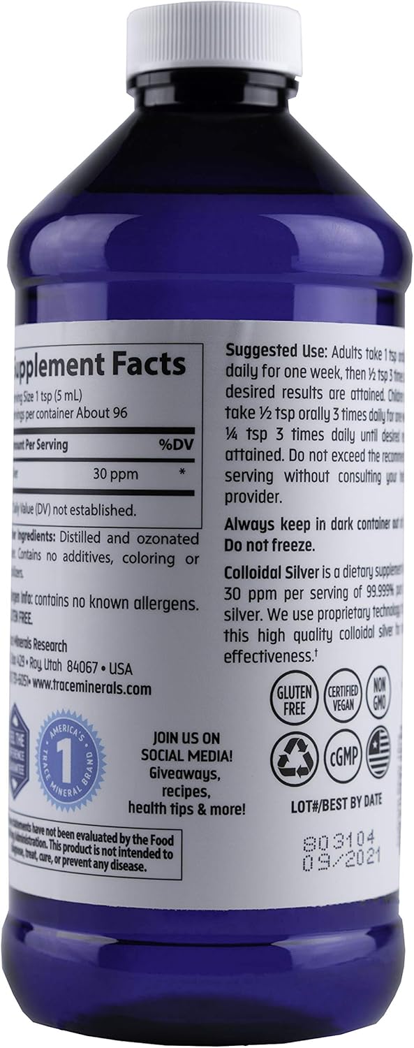 Trace Minerals Research Vegan Colloidal Silver Spray, Bio-Active Silver Hydrosol Liquid Mineral Supplement, Certified Organic, Natural & Pure, 30 PPM, 16 fl. oz, - CLS02: Health & Personal Care