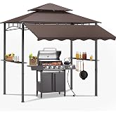 Dephet 8'X8' Grill Gazebo Canopy w/Heavy Duty Steel Frame for Outdoor Grill | Double Tiered Grill Canopy with Shelves, Ceiling Hooks, Ground Stakes, Patio Canopys Tent BBQ Gazebo for Backyard, Brownness