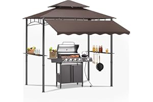 Dephet 8'X8' Grill Gazebo Canopy - Heavy Duty Steel Frame, Double Tiered Grill Canopy for Outdoor Grill W/Shelves, Ceiling Hooks, Ground Stakes, Patio Canopys Tent BBQ Gazebo Backyard (Brownness)