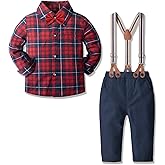 Yilaku Boys Suits Baby Dress Formal Wedding Outfits Suspender + Bow Tie + Shirt + Pants 4Piece Infant Gentleman Clothes (6-9 Months,Red Black)