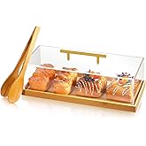 FoldTier 1 Set Rectangular Cake Tray with Lid 14" x 6" x 4" Dessert Display Case with Wood Base Acrylic Cake Stand Holder Serving Tray for Party Banquet Dessert Shop (Bamboo)