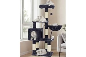 Heybly Cat Tree with Toy, Cat Tower Condo for Indoor Cats, Cat House with Padded Plush Perch, Cozy Hammock and Sisal Scratching Posts, Smoky Gray HCT004SG