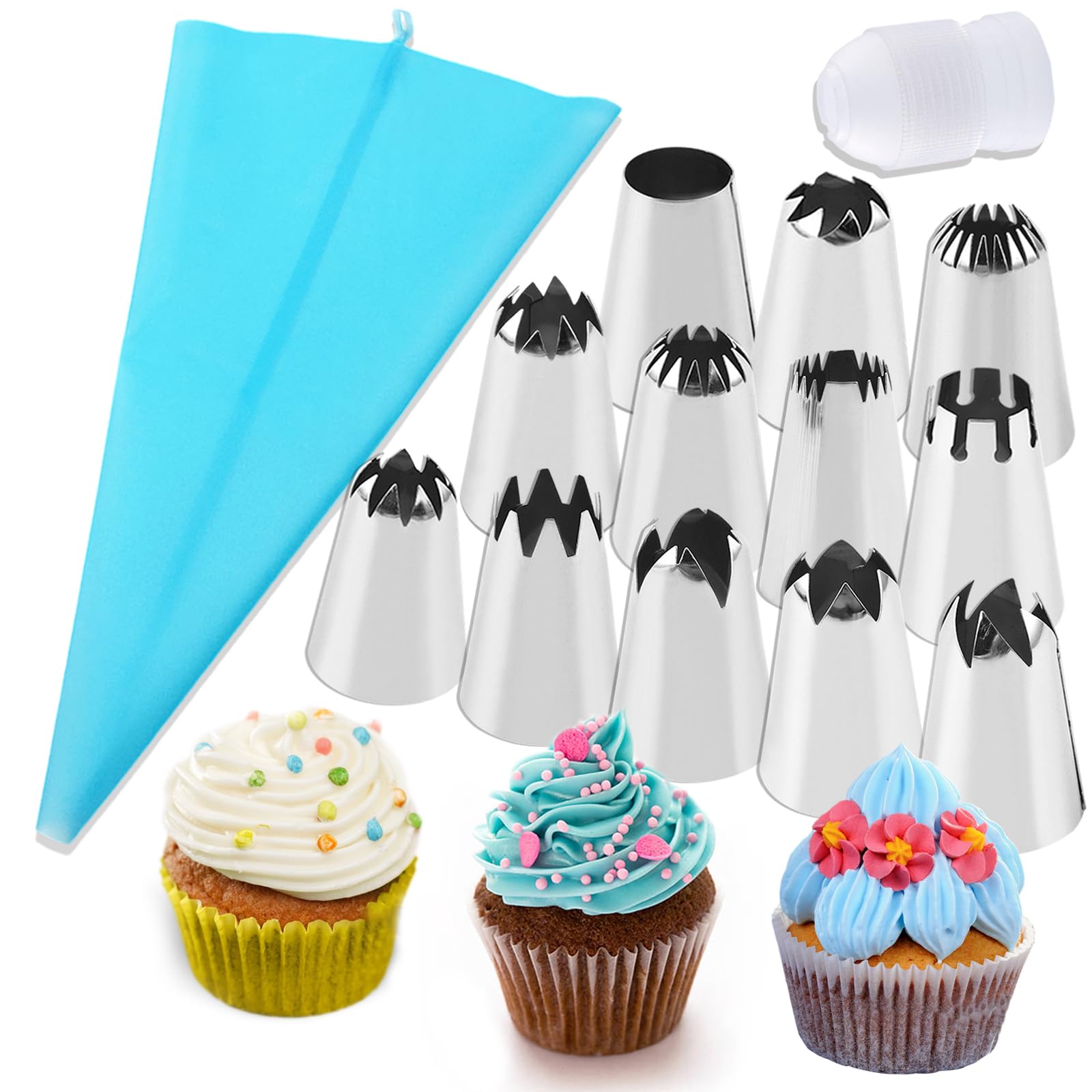 Photo 1 of 12PCS Large Piping Tips Set, Stainless Steel frosting tips with Reusable Pastry Bag, Cake Decorating Tips Set for DIY Pastry Dough, Cookie, Cupcake, Cake