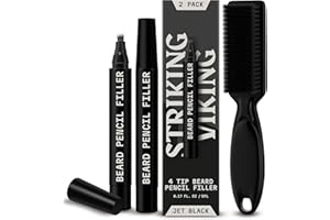Striking Viking Beard Pencil Filler for Men - Pack of 2, Jet Black - Waterproof Long-Lasting Beard Pen - 4-Pronged Tip for Gap Repair & Barber Pencil - Soft Bristle Brush & Pen Filler