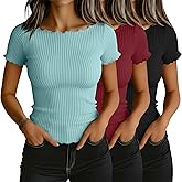 Riyiper 3 Pack Women's Boat Neck Ribbed Tops Lettuce Trim Short Sleeve T-Shirts Crop Fitted Summer Basic Tees Shirt