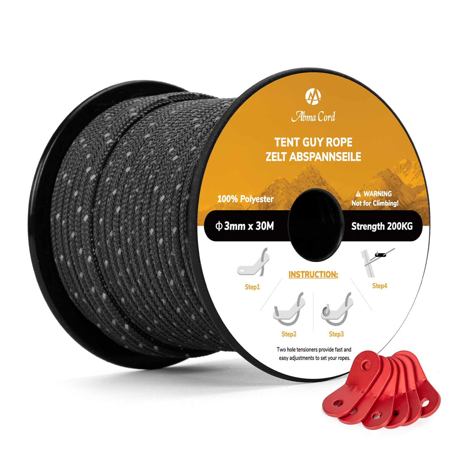 Abma Cord Tent Guy Ropes 3mm 30M Guy Line 6 Pcs Guy Rope Tensioners Heavy Duty Guide Rope for Camping, Gazebos, Awning, Tarp - Reflective Black