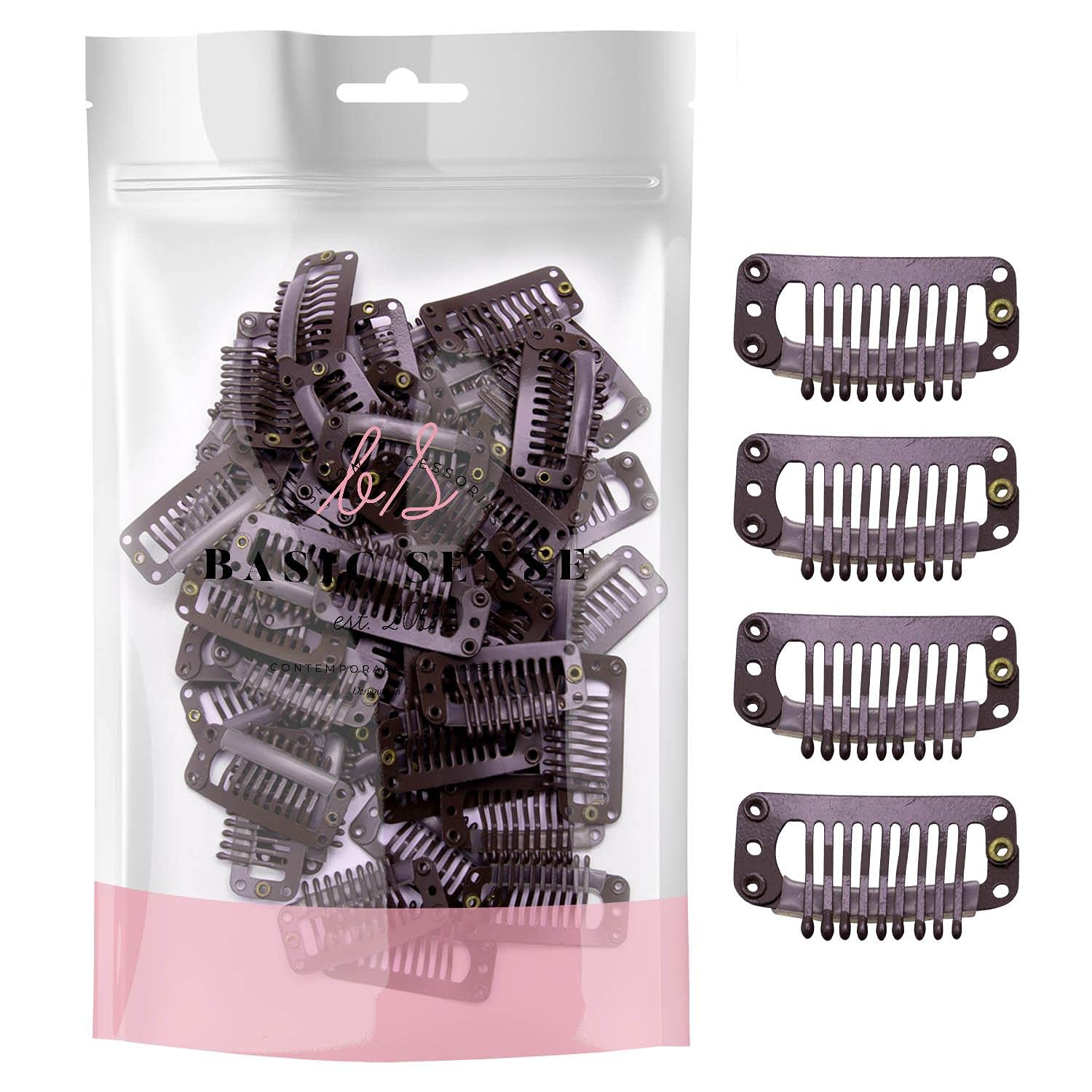 BasicSense 60 pcs Hair Extensions Strong Metal Snap Teeth Clips Hairpiece DIY Clip, Large Dark Brown