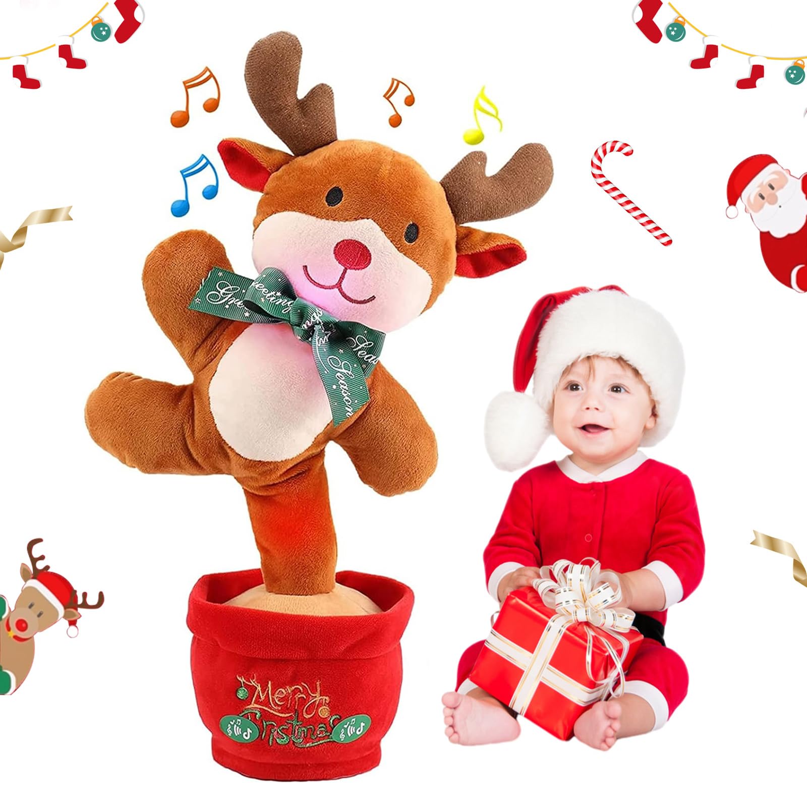 MILEGI Christmas Dancing Reindeer Toy, Light Up Singing Mimicking Talking Repeating Reindeer Stuffed Animal, Animated Christmas Plush Toys, Musical Baby Toys 0-6 6-12 Months for Kids Boys Girls Gifts