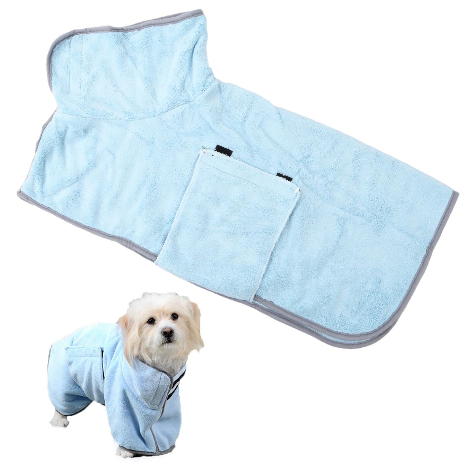 Dibotell Dog Drying Coat, Soft Microfibre Drying Robe Towel for Small Medium Dogs Super Absorbent Pet Puppy Bathrobe Adjustable Collar and Waist, Dog Dressing Gown Dryrobe for Bath and Swimming (Blue)