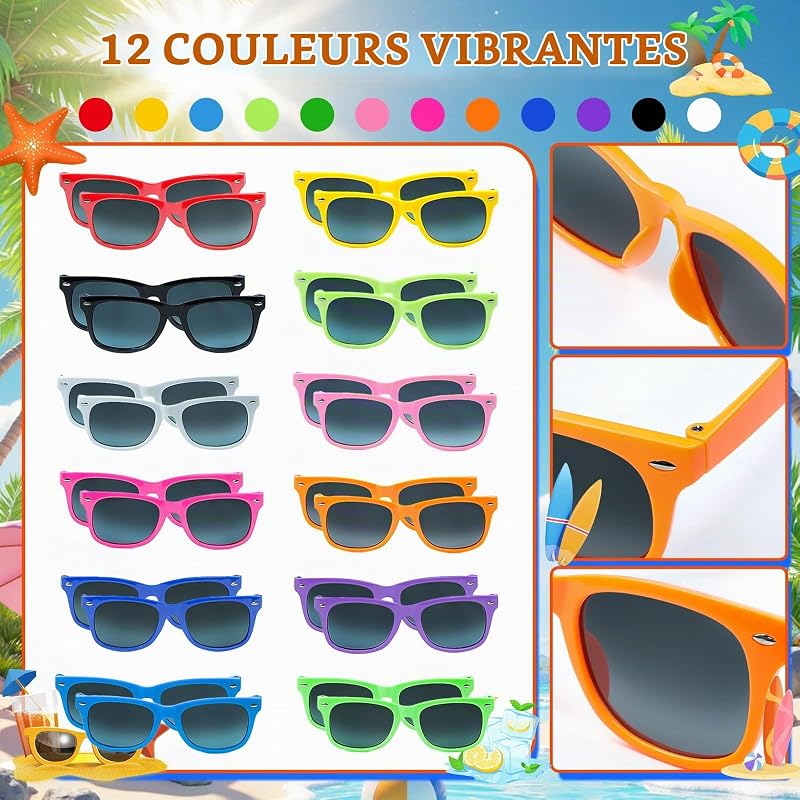 lunette de soleil enfant，Lunettes de soleil couleurs néon, 24 pièces pour enfants, cadeaux de fête, pour hommes et femmes, pour l’été, plage, piscine, anniversaire et extérieur