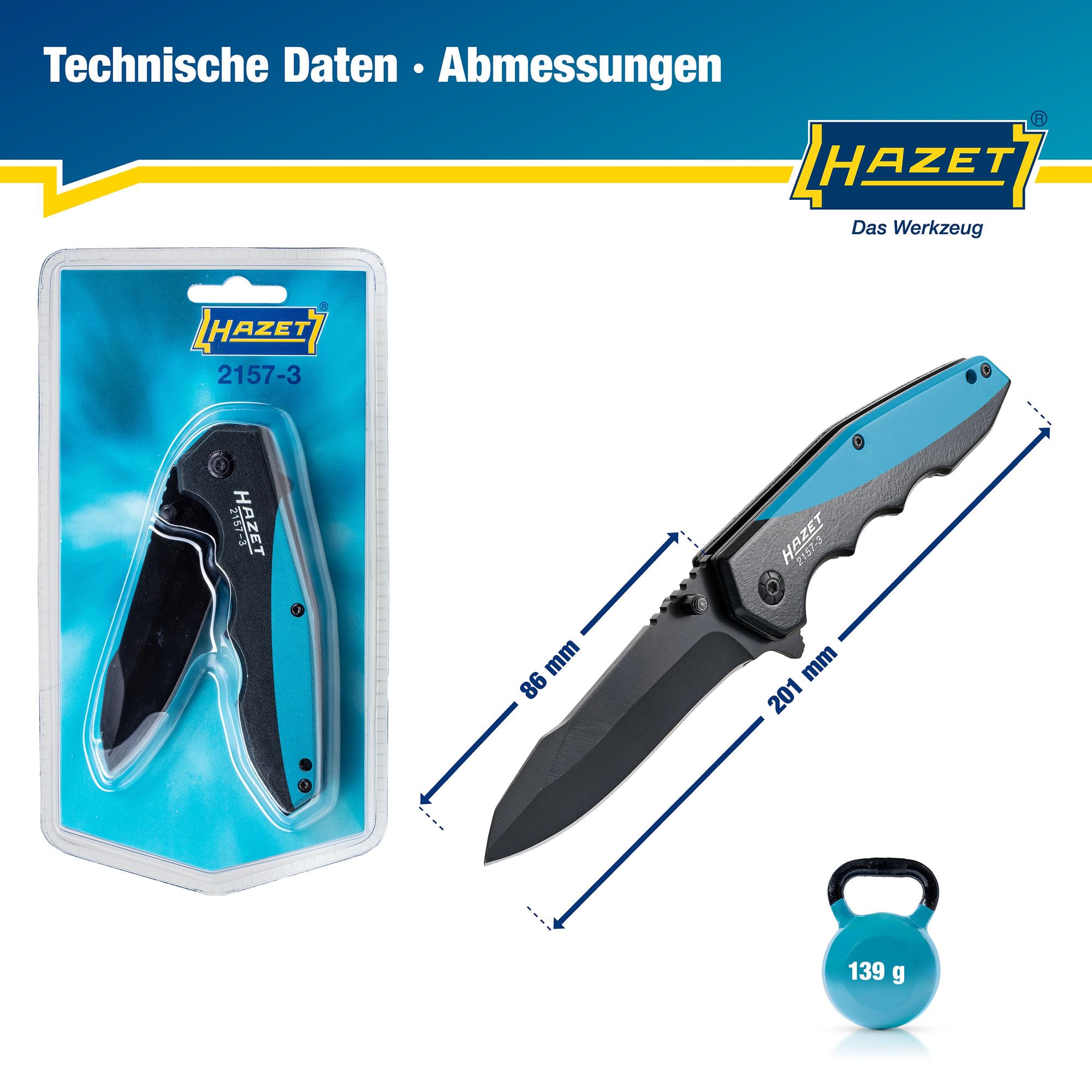 Hazet Klappmesser 2157-3 I Outdoor Taschenmesser mit hochwertiger Edelstahl-Klinge I Aluminium-Griff mit Fingermulden für den Einsatz in Werkstatt, Industrie oder Hobby 7