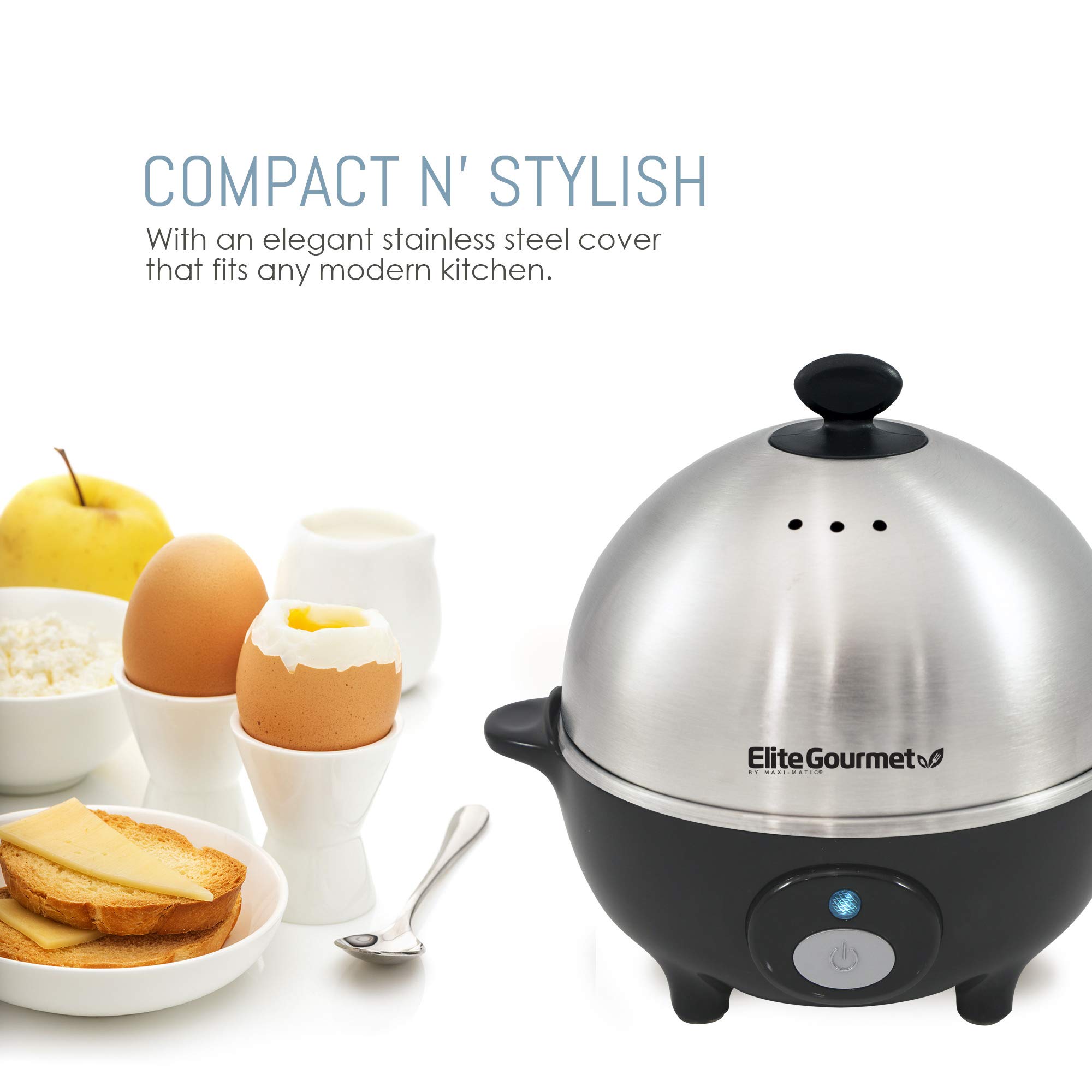 Elite Gourmet EGC-508 Rapid Egg Cooker, 7 Easy-To-Peel, Hard, Medium, Soft Boiled Eggs, Poacher, Omelet Maker, Auto Shut-Off, Alarm, 16-Recipe Booklet, Stainless Steel