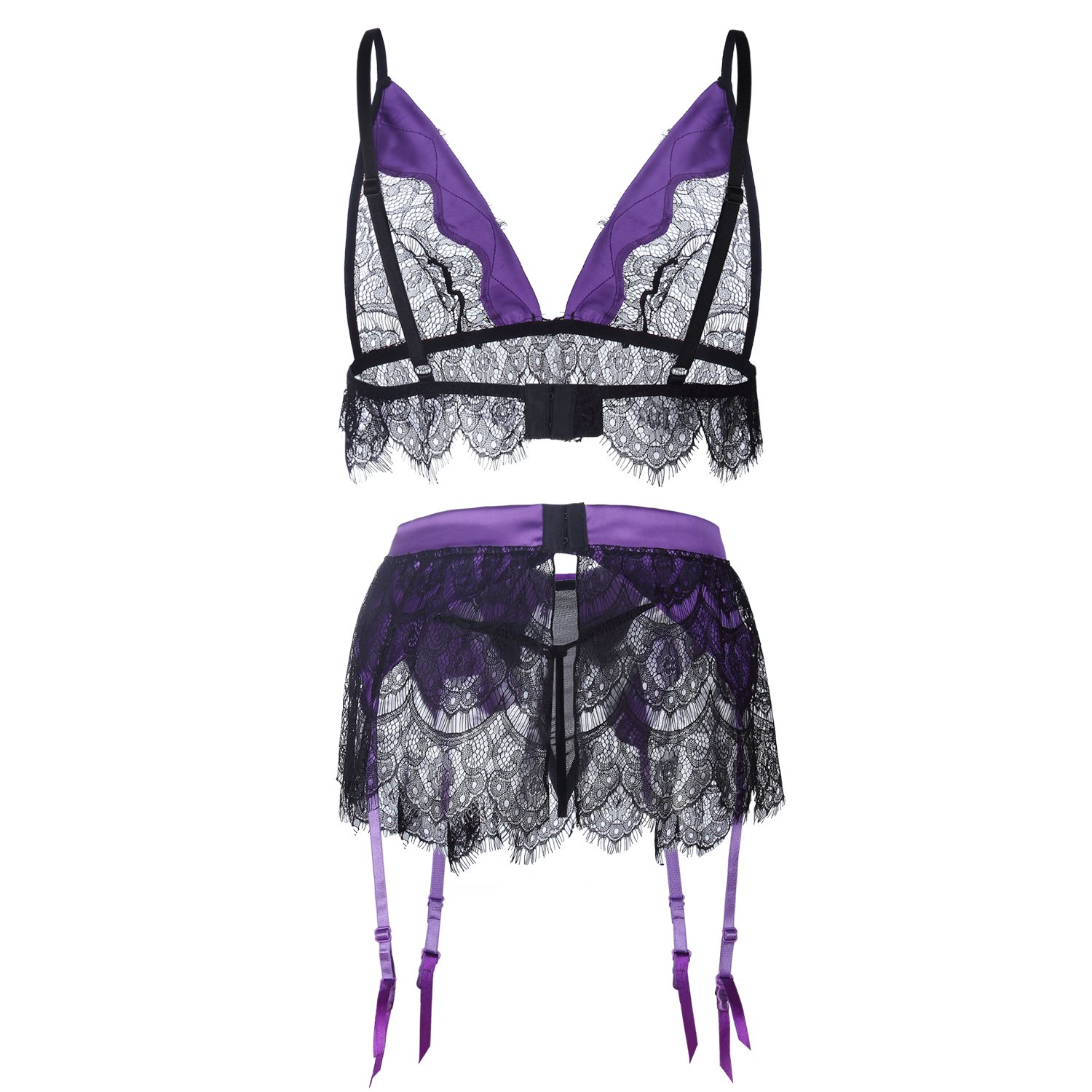 LamourLove Sexy Lingerie Lace Bra Set Womens Babydoll Black Purple Scalloped Bralette Set with G-String Garter Belt(X-Large)