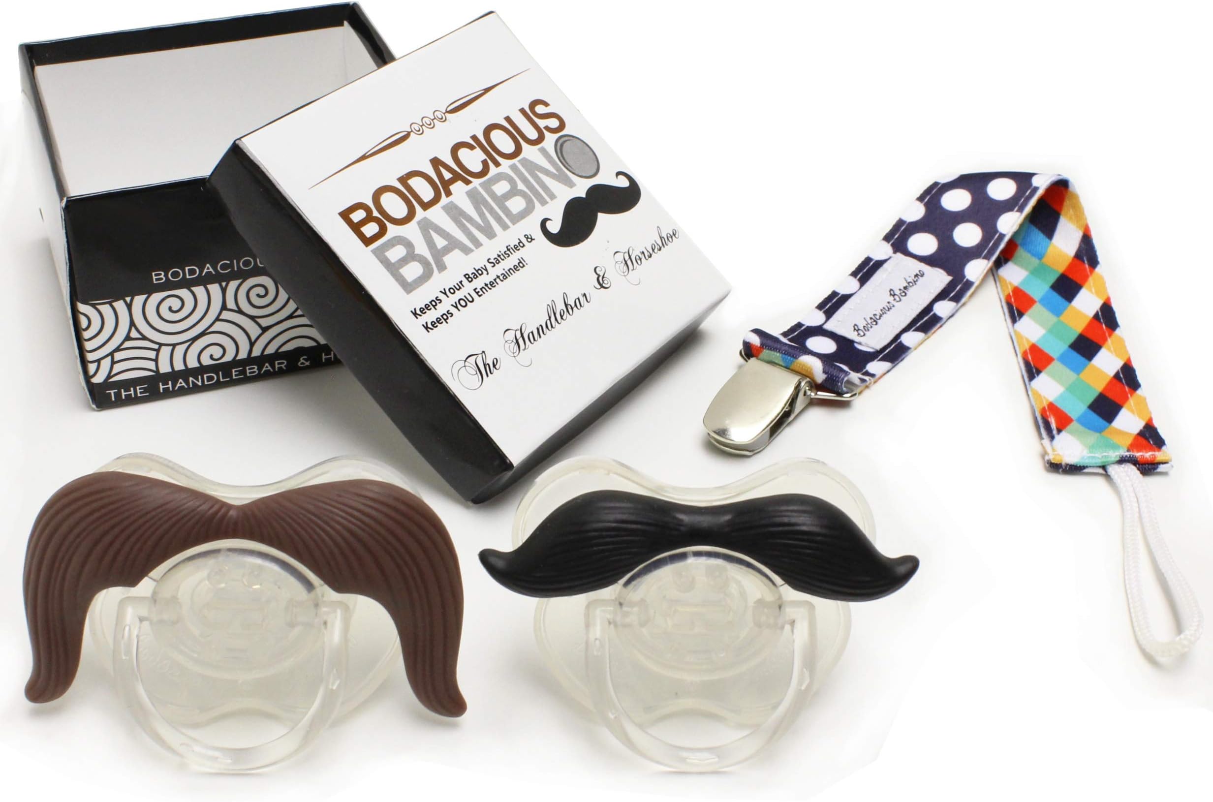 B.B. Mustache Pacifiers with Pacifier Clip by Bodacious Bambino | 2-Pack Horseshoe & Handlebar - Cute & Funny Pacifier for Babies | BPA-Free