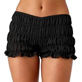 Women Y2k Bloomer Shorts Low Waist Ruched Ruffle Frilly Mini Micro Shorts | Bloomer Shorts for Women Layered Pettipants Cute Going Out Bottoms Lounge Smocked Puffy Fluffy Boyshorts Festival Party Rave
