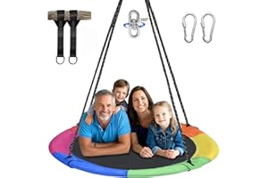 Hishine 43" Saucer Tree Swing for Kids - 360 Rotate Waterproof Flying Saucer With Swivel, Hanging Straps, Adjustable Ropes, Round Mat Spinner for Tree/Swing Set (Rainbow)