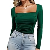 Beluring Women Square Neck Shirt Going Out Long Sleeve Sexy Ruched Tops Tee Tshirt