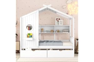 BIADNBZ Full Size House Platform Bed with 2 Drawers and Storage Shelves, Wooden Low Bedframe w/Roof&Window, for Kids Boys Girls Bedroom, White