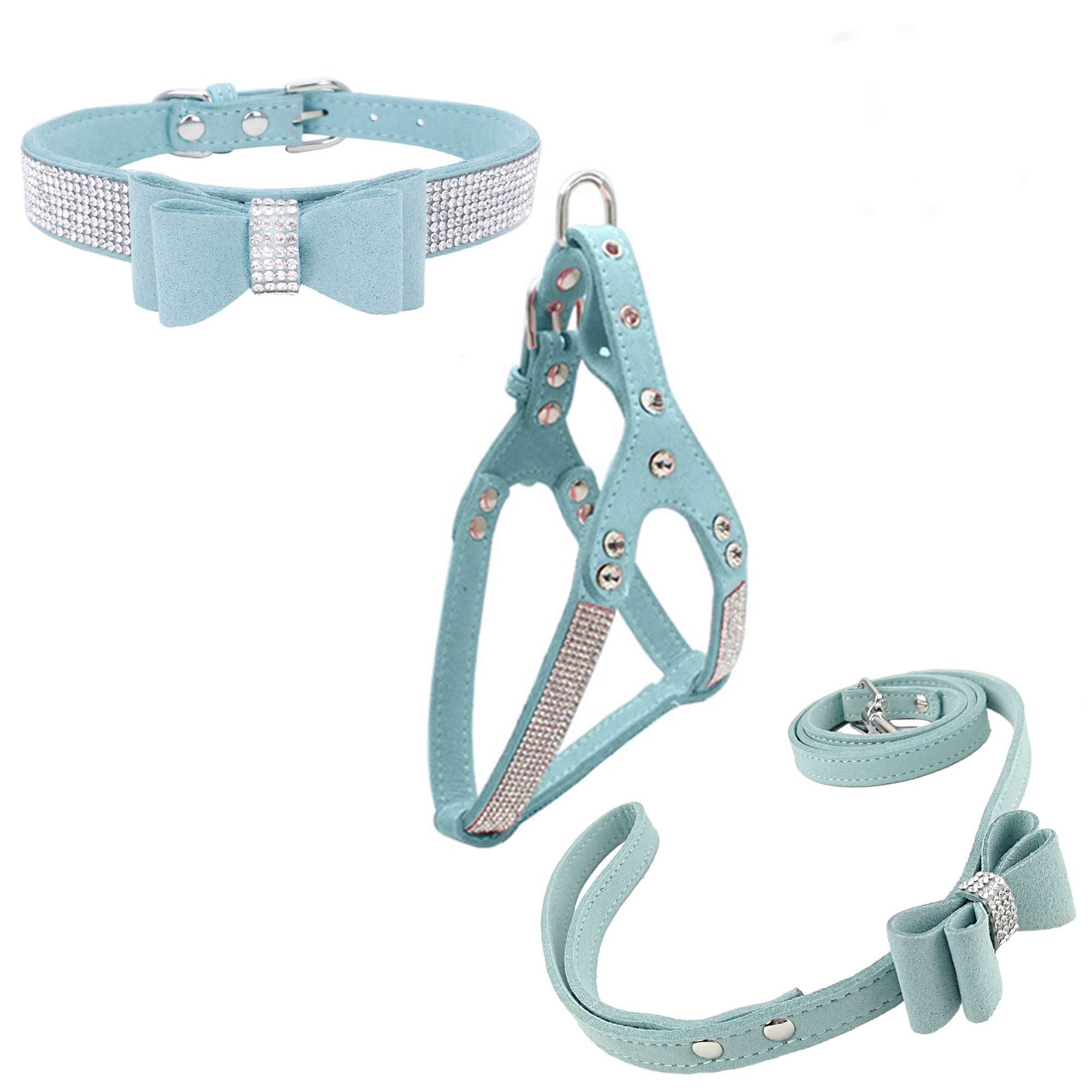 Newtensina Bowtie Dog Collar & Harness & Lead Sets Comfortable Soft Puppy Collar Diamante with Harness and Leashes Set for Dog - Blue - M