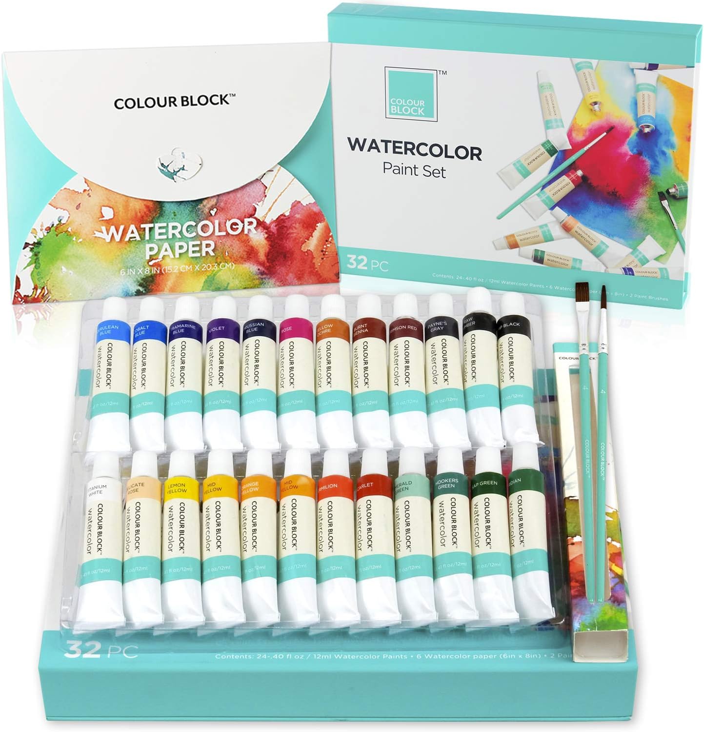 COLOUR BLOCK 32pc Watercolor Paint Tubes Set with Brush and Watercolors Paper I Best Art Supply for Kids, Teens, Adults I Non Toxic Water Color Supplies for Beginner, Student to Professional Artists
