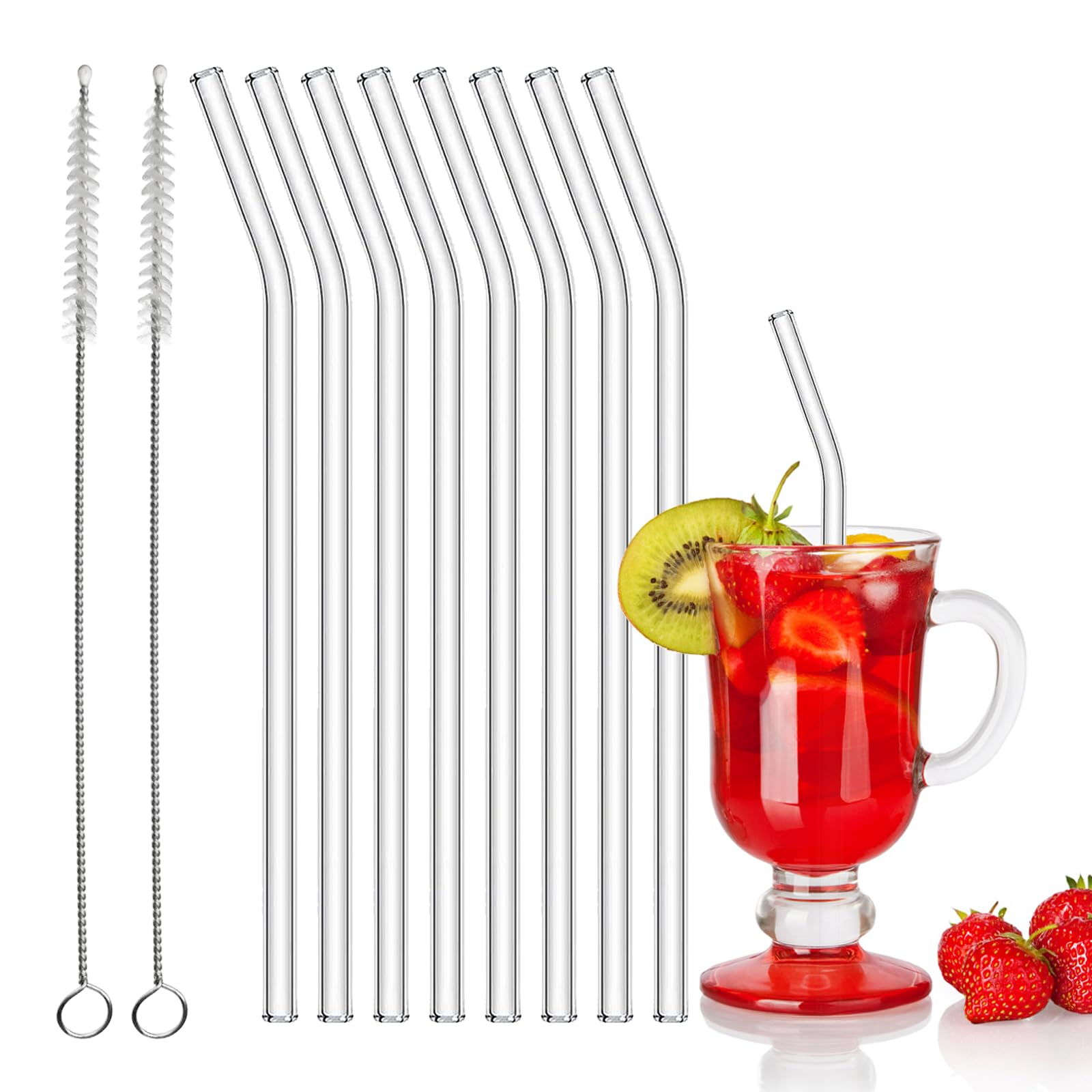 Reusable Glass Straws, 8 Pcs Clear Reusable Drinking Glass Straw Eco Friendly Durable Bendy Glass Straws Drinking with 2 Cleaning Brushes for Coffee Smoothie Cocktail Milkshake Cold Drinks