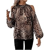 Floerns Women's Plus Size Leopard Cold Shoulder Blouse Lantern Sleeve Mock Neck Dressy Casual Shirts