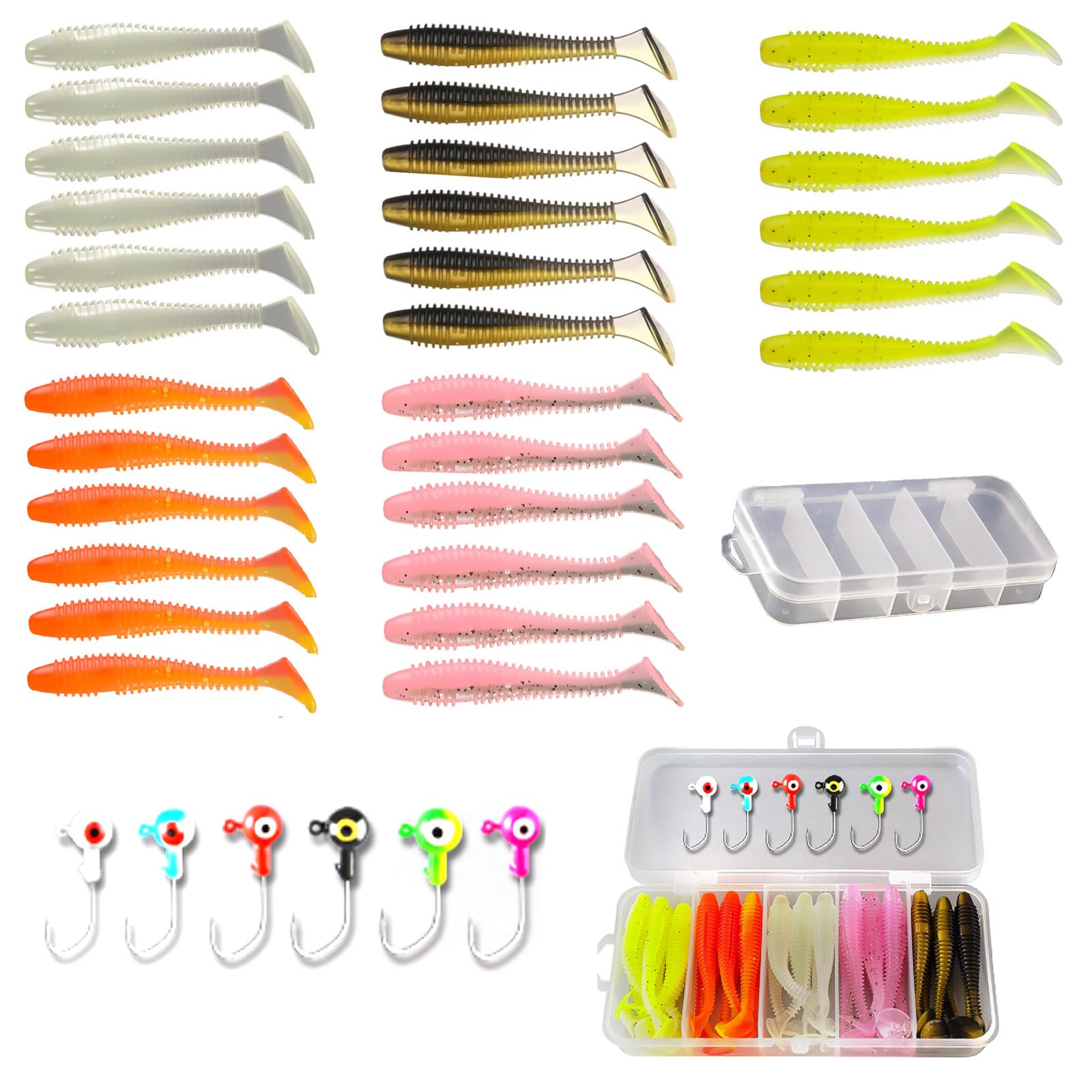 Xiciki 36 Pcs Fishing Lure Kit with Jig Heads & Hooks, Perch Lures, Soft Plastic Grubs for Bass Crappie Trout Perch in Freshwater and Saltwater