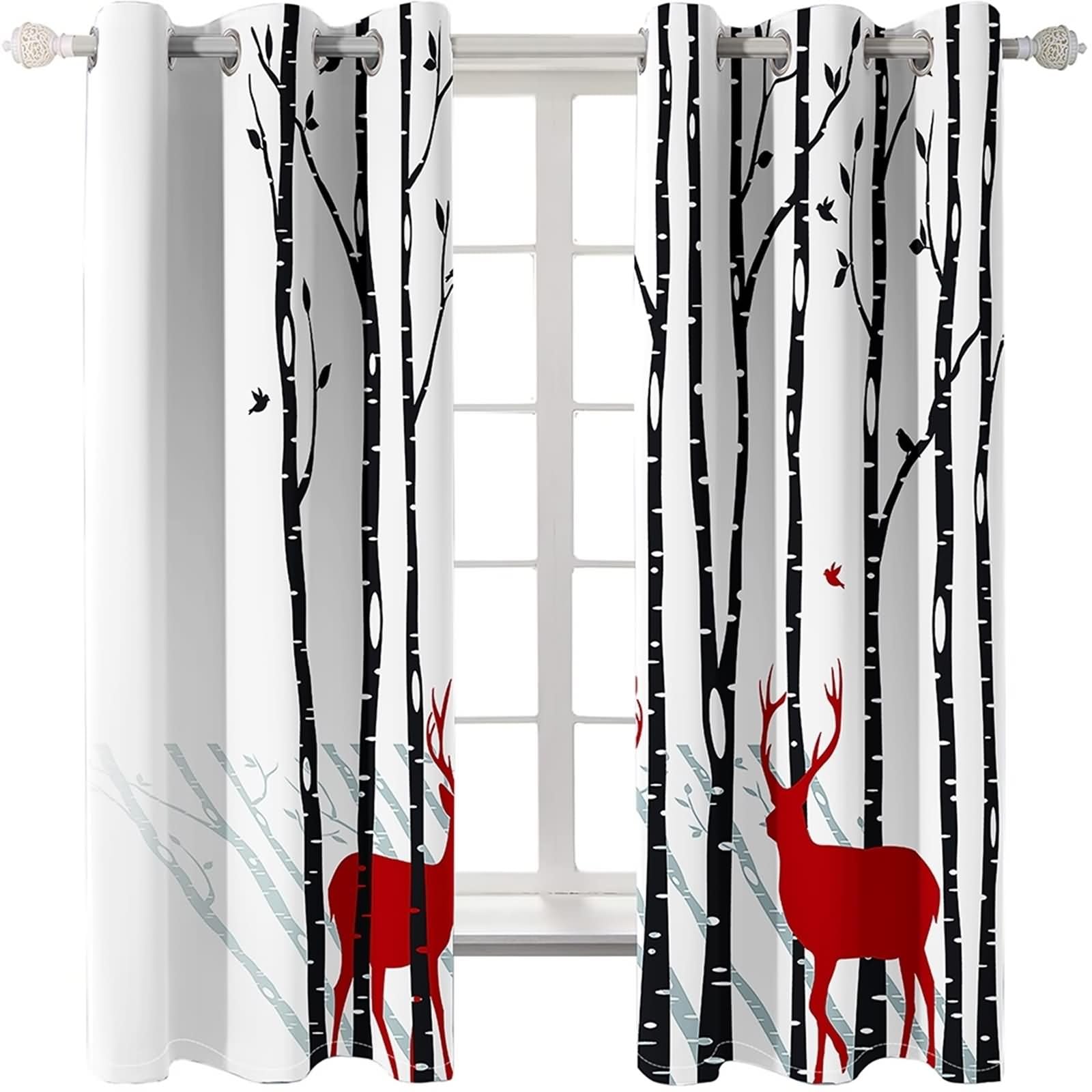 Daesar Blackout Curtains 2 Panels, Blackout Curtain Eyelet Tree With Deer Bird Window Treatment Curtains White Red Black Polyester Curtains Bedroom 42" W x 72" L