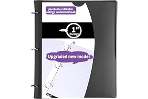 Tashkummy Pivotable Refillable Notebook, Upgraded 1 Inch 3 Ring Notebook Binder, 100 College Ruled Paper, 5 Subject Notebook with Dividers and Folder Pockets, Tabs- Black