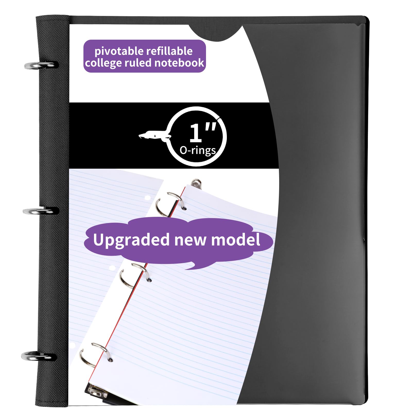 Photo 1 of Tashkummy Pivotable Refillable Notebook, Upgraded 1 Inch 3 Ring Notebook Binder, 100 College Ruled Paper, 5 Subject Notebook with Dividers and Folder Pockets, Tabs- Black