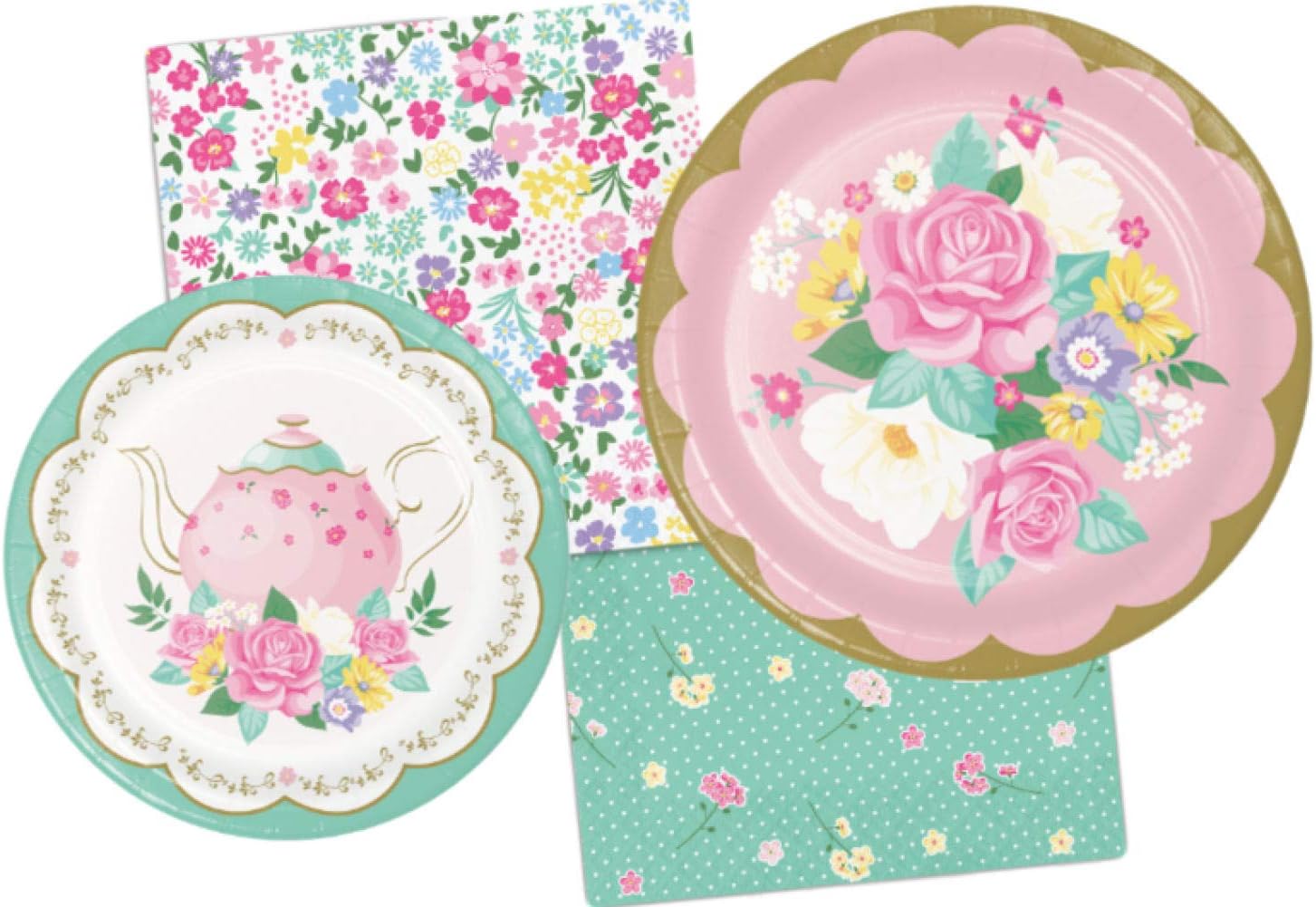 Floral Themed Tea Party Supply Pack Bundle Includes Paper Plates & Napkins for 8 Guests