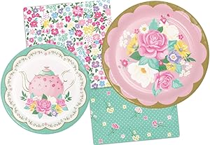 Floral Themed Tea Party Supply Pack Bundle Includes Paper Plates & Napkins for 8 Guests