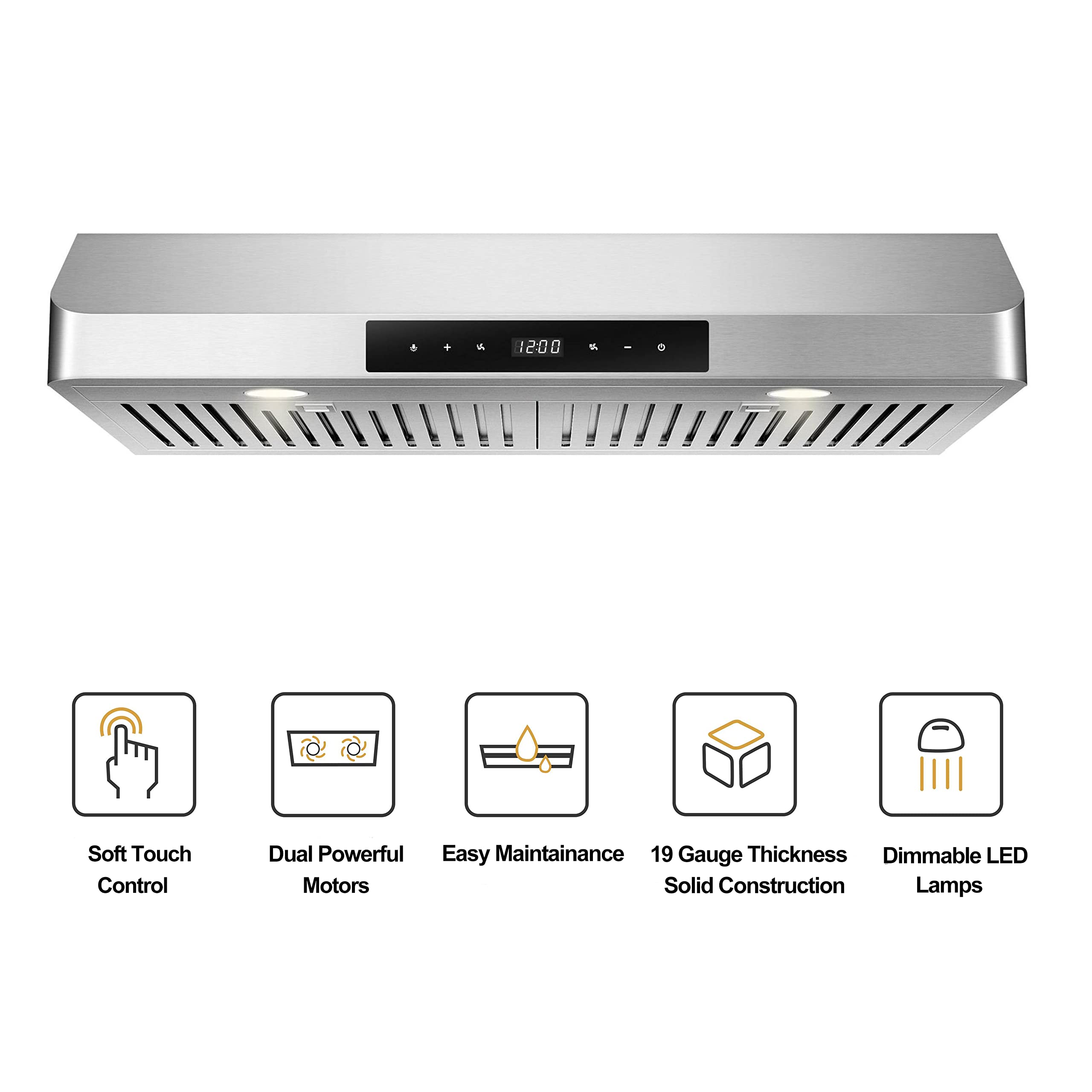 EVERKITCH Range Hood 30 inch Under Cabinet, 900CFM Kitchen Vent Hood, Permanent Stainless Steel Filters，Top and Rear Vents