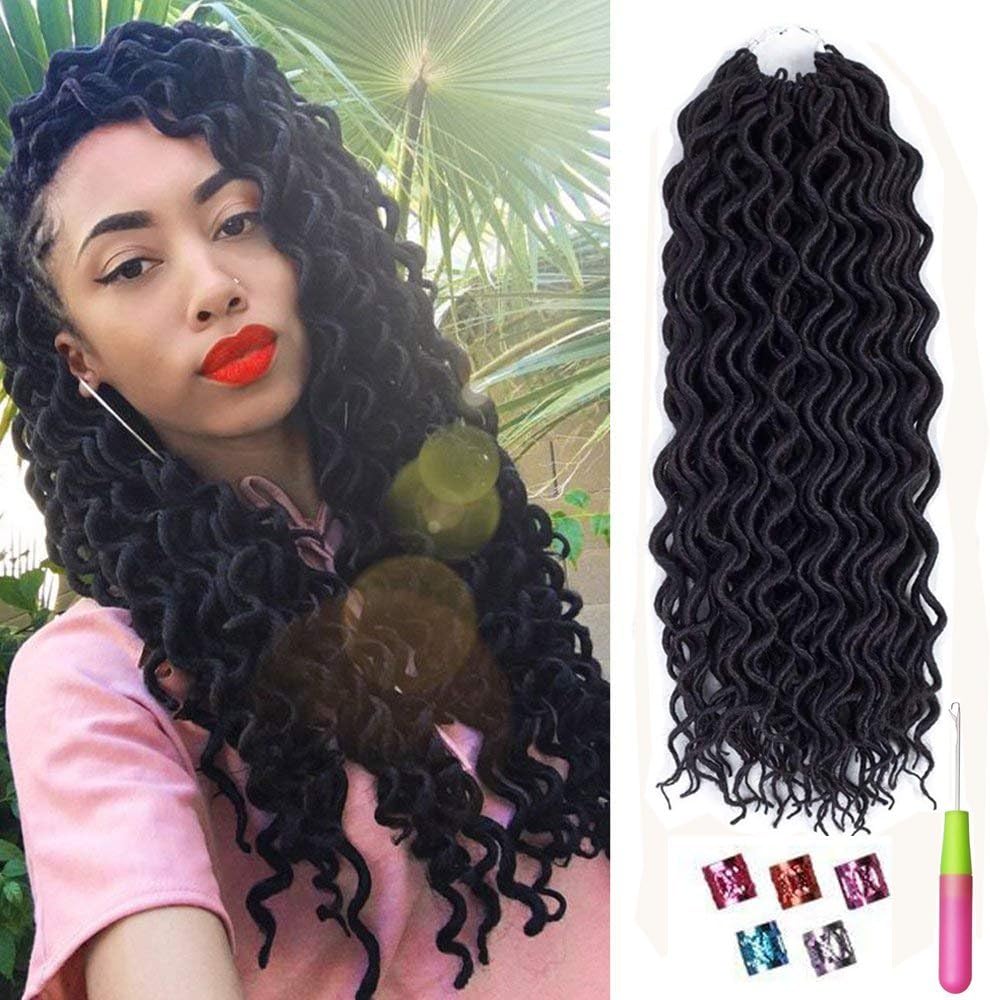 MISSICEE (6Packs)18inch Curly Faux Locs Soft Hair Deep Faux Locs Twist Braids Goddess Locs Crochet Braiding Hair Braids Mambo Hair Extension 24Roots/Pack