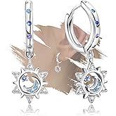 Moon Star Earrings for Women Sterling Silver Star Shaped Earrings Trendy Hypoallergenic Cubic Zirconia Star Moon Hoop Earrings with Dangle Fashion Loop Earrings Gifts for Christmas Birthday
