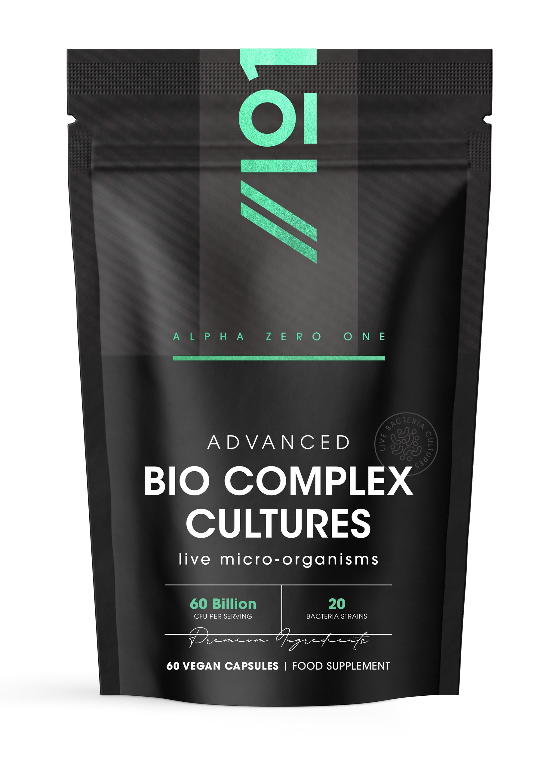 Bio Cultures Complex Probiotics - 60 Billion CFU - 20 Live Bacterial Cultures - 60 Vegan Capsules for Women & Men - Lactobacillus Acidophilus, Gasseri, Rhamnosus & Reuteri - By Alpha01