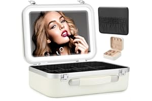 Seoneiro Travel Makeup Case with Light Up Mirror,Portable Waterproof Make Up Lighted Case with 3 Adjustable Brightness, Makeup Organizer with Adjustable Dividers