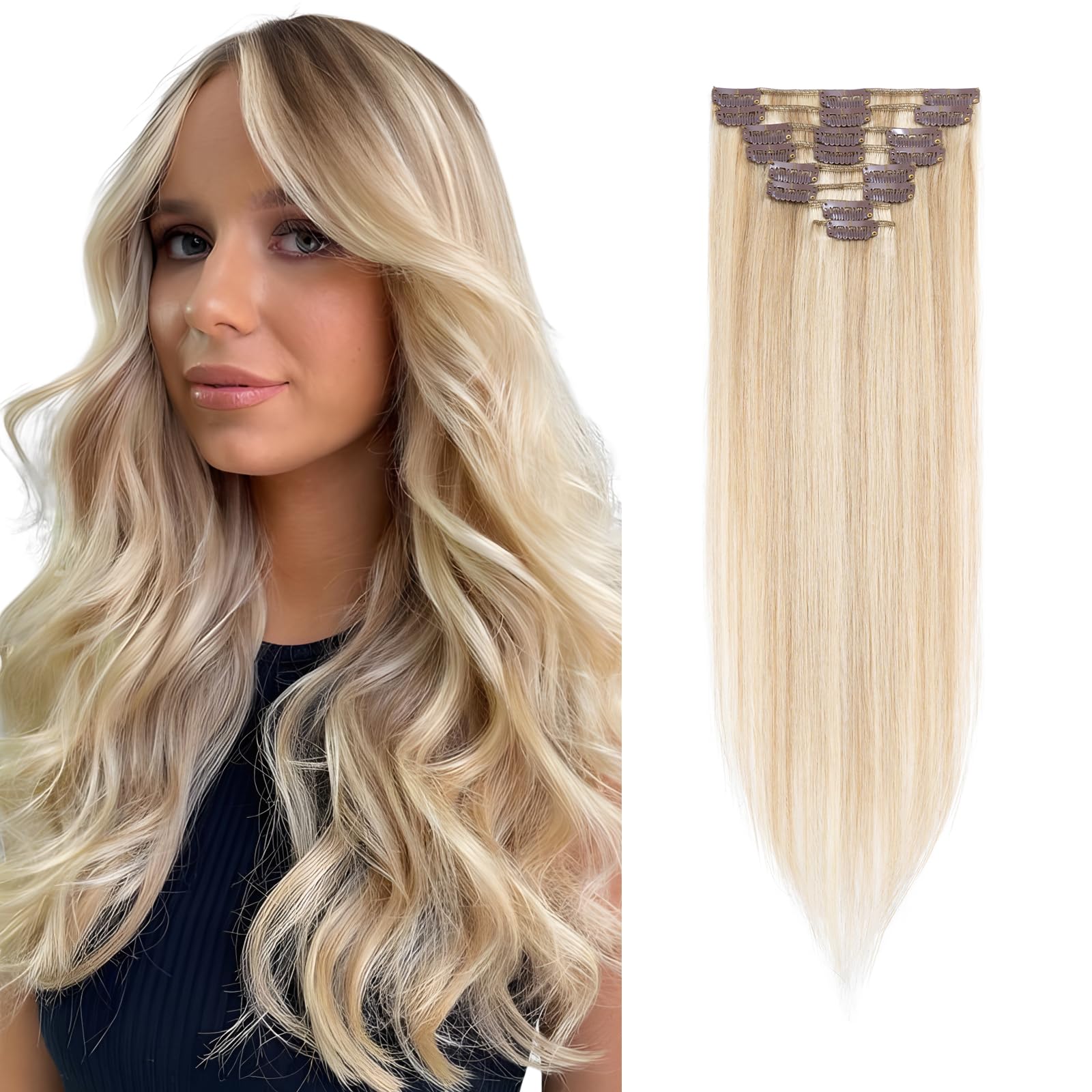 Clip in Hair Extensions #18/613 Ash Blonde mix Bleach Blonde Real Hair Extensions Clip in Human Hair Straight Remy Human Hair Seamless 8pcs 18 Inch 70g Thin Hair — image 1