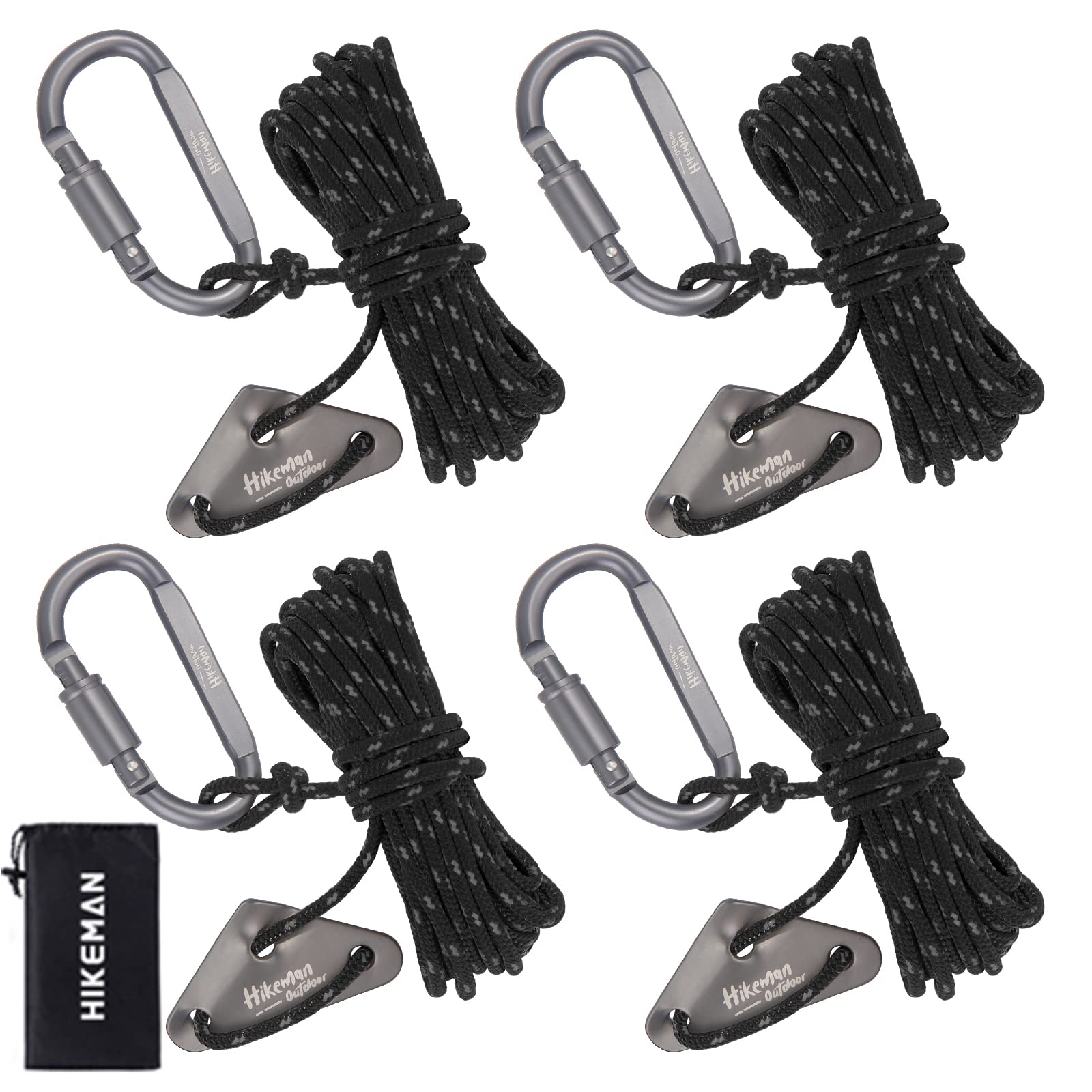 4M Reflective Tent Guy Ropes - Outdoor Tent Guide Rope with Locking Carabiner Clip,4mm 100% Nylon Cord Wind Line with Aluminum Guy Rope Tensioner for Awning Camping (Black)