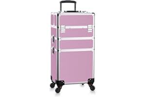 OUDMAY Makeup Case - 3 In 1 Aluminum Professional Rolling Cosmetic Beauty Storage With Folding Trays and Large Compartments Pink